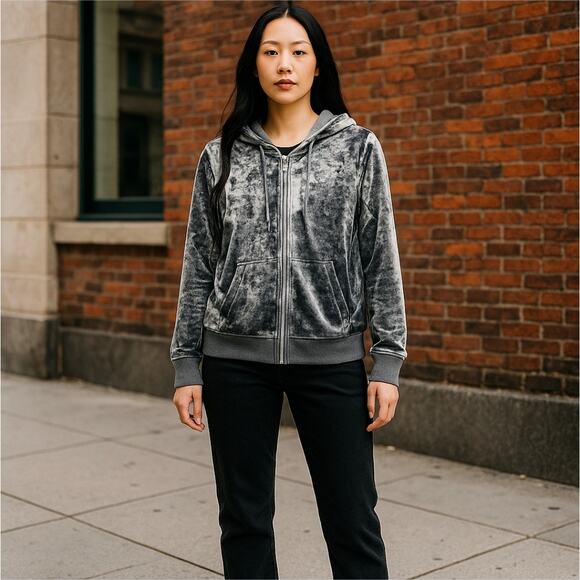 Calvin Klein Silver & Gray Velour Zip Up Jacket with Hood Size Small - Picture 1 of 8